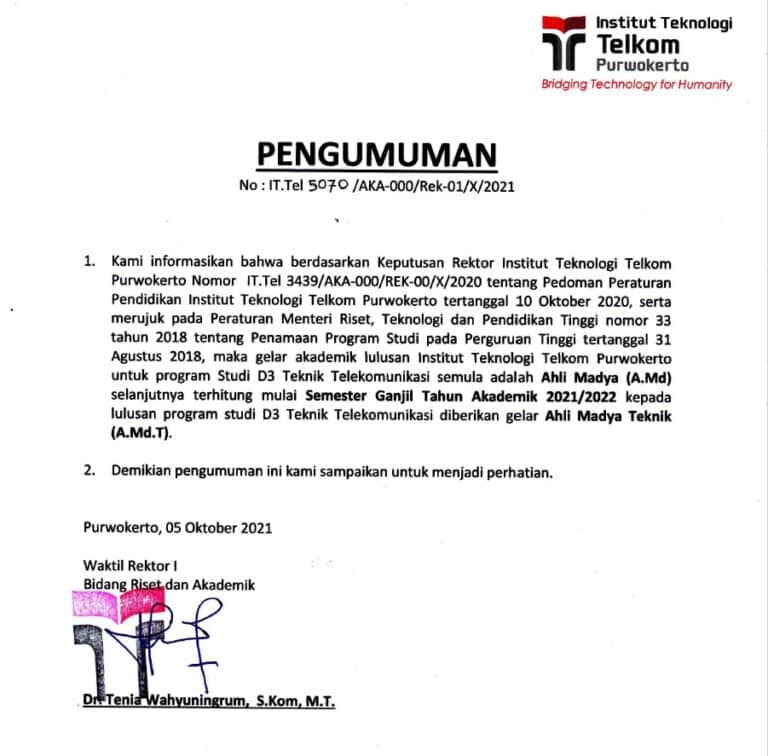 Pengumuman Perubahan Gelar Lulusan D3TT – Akademik Pusat